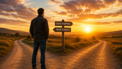 Man at crossroads facing two paths