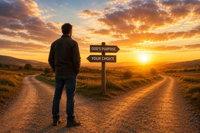 Man at crossroads facing two paths