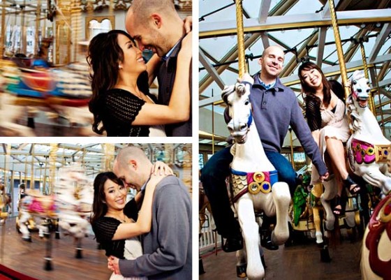 engaged-couple-embrace-holding-hands-carousel