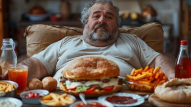 Emotional Eating fatman eating junk food