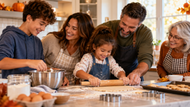 A blended family of three generations enjoys baking together, creating cherished family traditions and lasting memories.