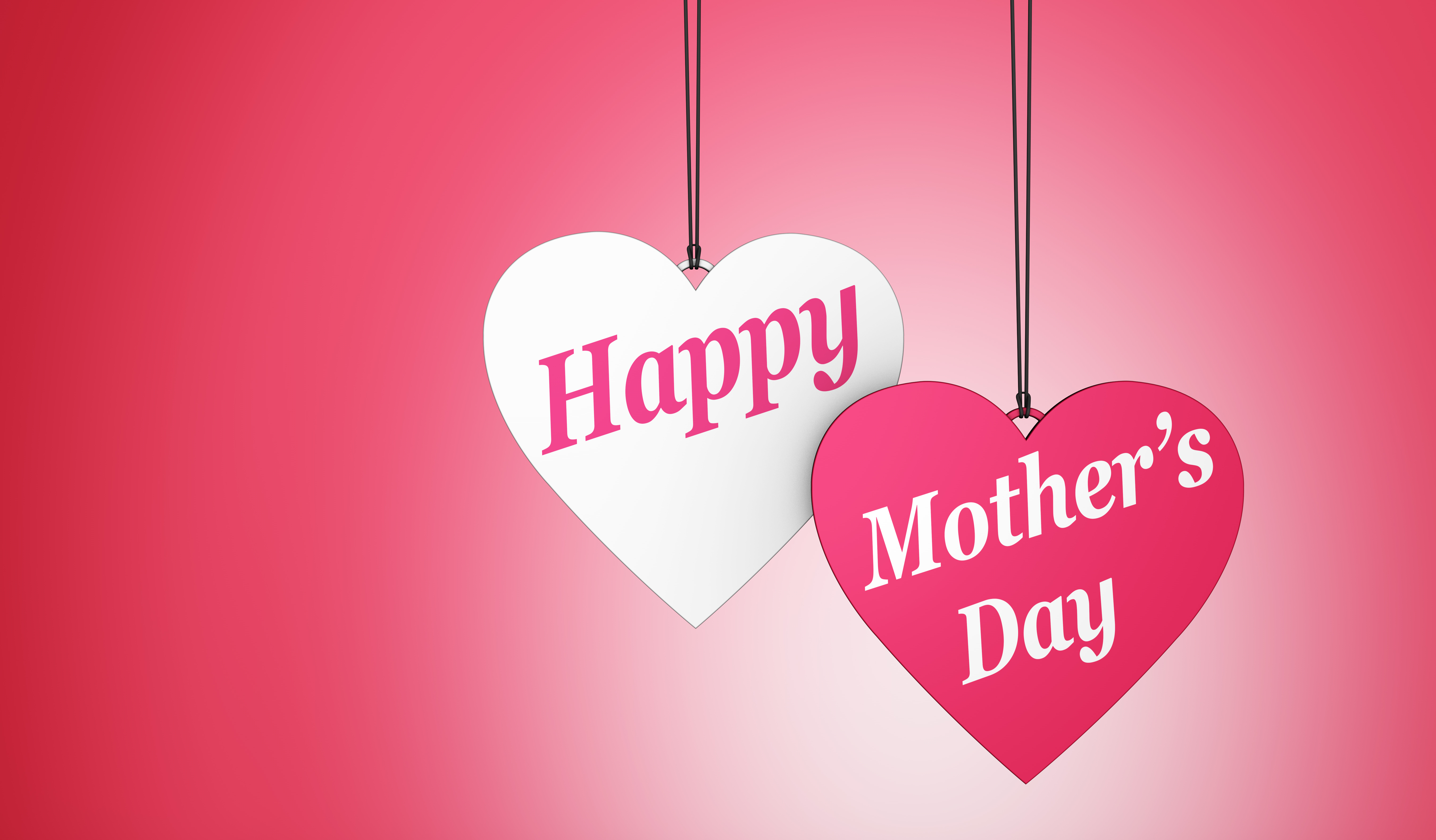 Happy Mother's day sign and text on two hearts shaped tags decoration and card with copy space concept 3D illustration.