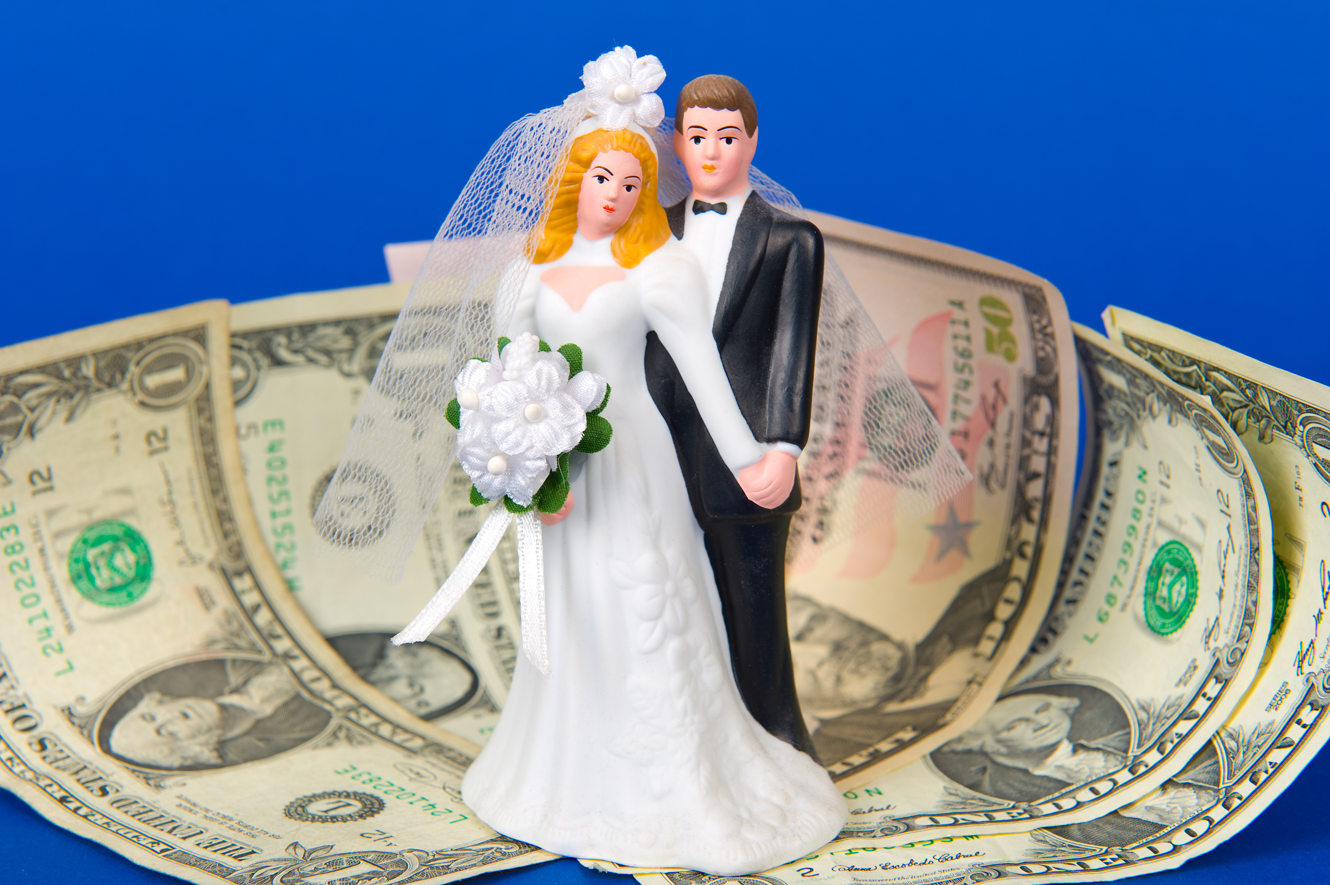 Cost savings from marriage -bridal couple on money