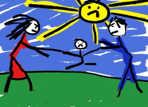 being a supportive stepparent during a custody battle - cartoon of man and woman both pulling at a child between them