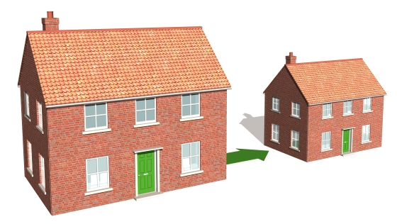 stress free downsizing tips - picture of a large home with an arrow pointing to a smaller home