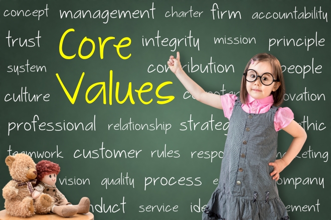 values to instill in your children - young girl pointing to various core values on chalk board