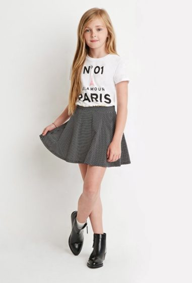 tips on pant & skirt styles - young girl modeling a skirt and top