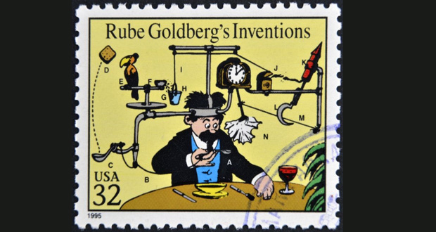 alternative uses for unused household items - a US stamp depicting a Rube Goldberg inventio