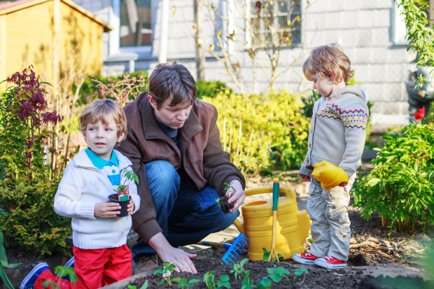 how gardening can help a stepdad -stepdad in garden with his two stepsons