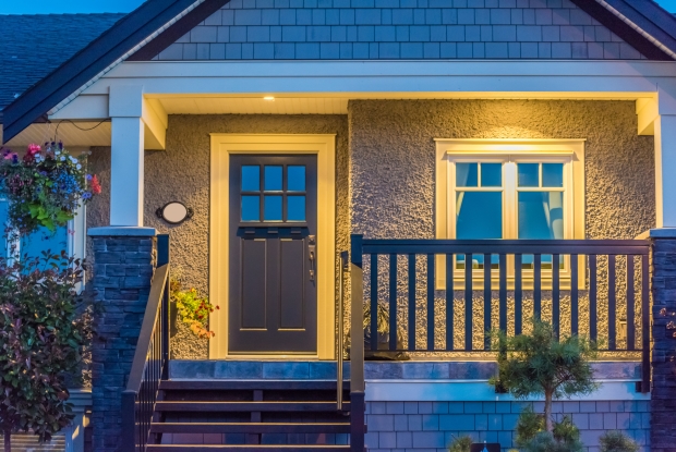 front porch lighting ideas - Entrance of a house at dusk in Vancouver, Canada