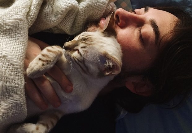 a restful night's sleep - man sleeping with his cat