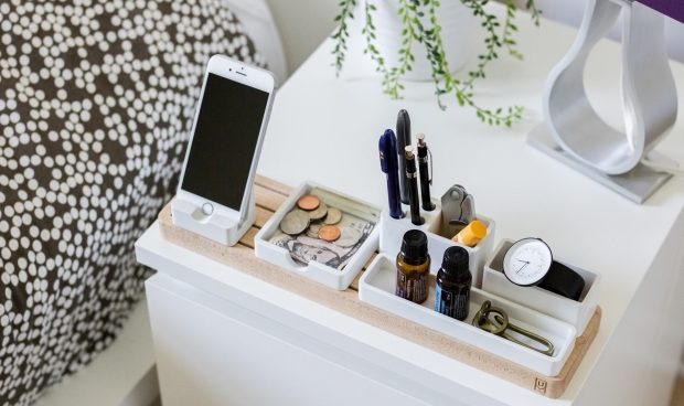 ways to bring more home organization - picture of organizer on top of night stand