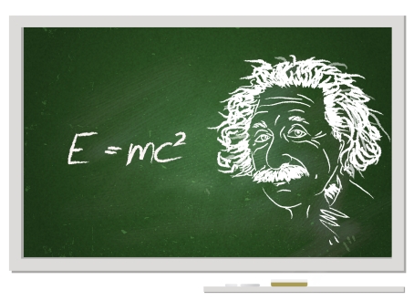 chalkboard sketch of Albert Einstein with the formula E=mc2