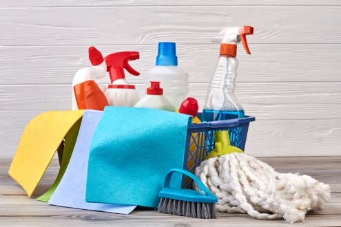 picture of various cleaning products and tools