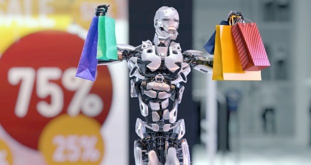 Tech father's day gift ideas - Robot android holding colorful shopping bags