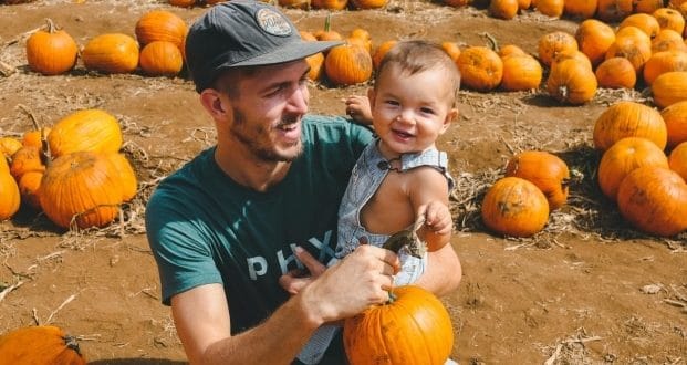 Halloween activities for stepdads and stepkids-a dad and daughter surrounded by pumpkin