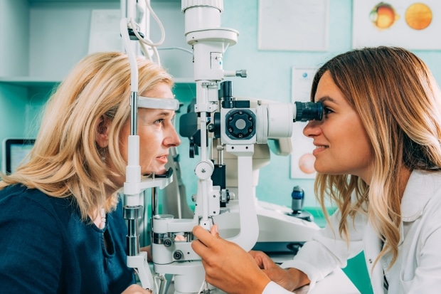 Types of basic eye test examination- a woman having an eye test done
