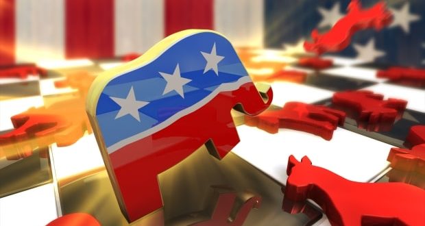 Republican elephant Attacks Democrat donkey on a Chess Board