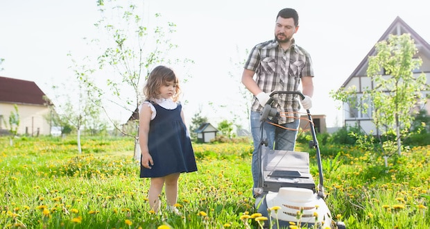daddy what is sex? - dad mowing lawn with daughter watching