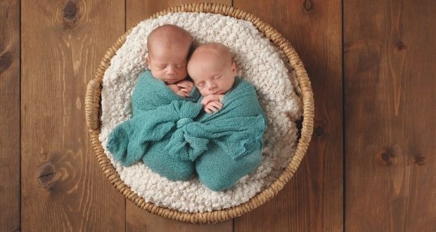 Twin Baby Boys Sleeping in a Basket