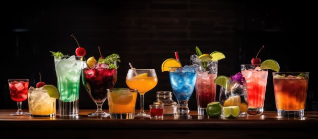 Various tasty cocktails displayed on a dark table in a bar.