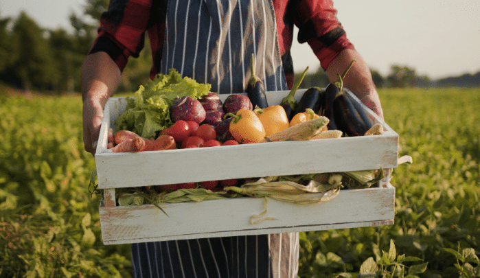 Farmer's Day - A family holding out his produce.