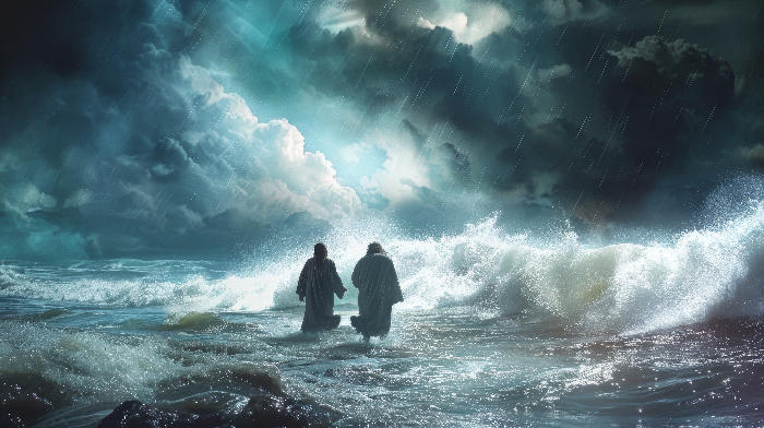 Overcoming fear through faith-A dramatic scene of Jesus and Peter walking on water, illustrating faith and doubt amidst a stormy sea.