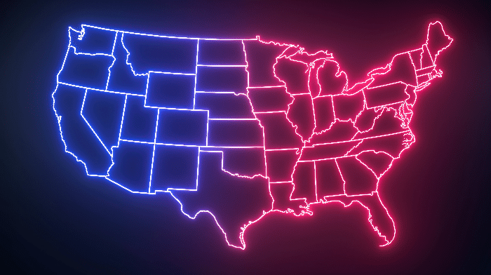 Impact of State Politics on Family Life-Neon-lit US map highlights partisan divide between red and blue states.