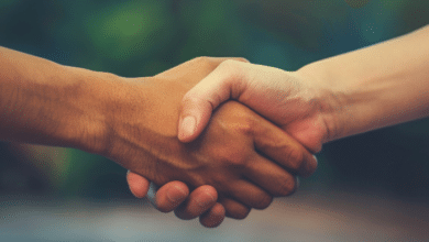 Hands of two dads clasped in a supportive handshake,