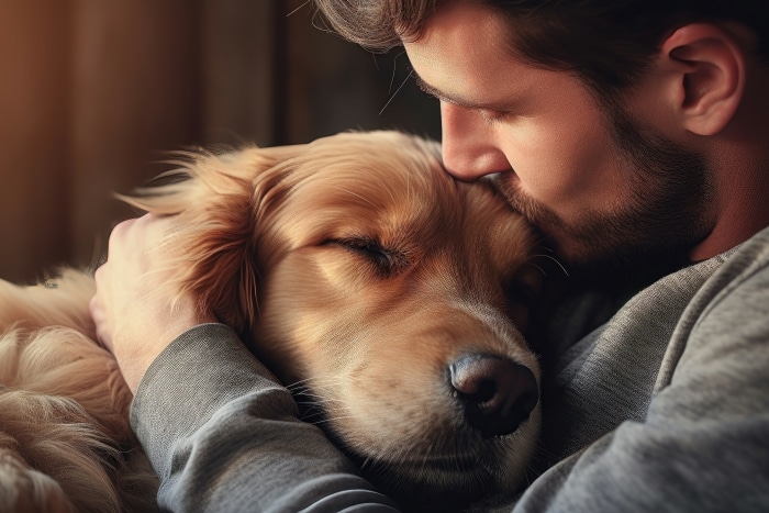 Man lovingly embraces his golden retriever, displaying a deep bond.