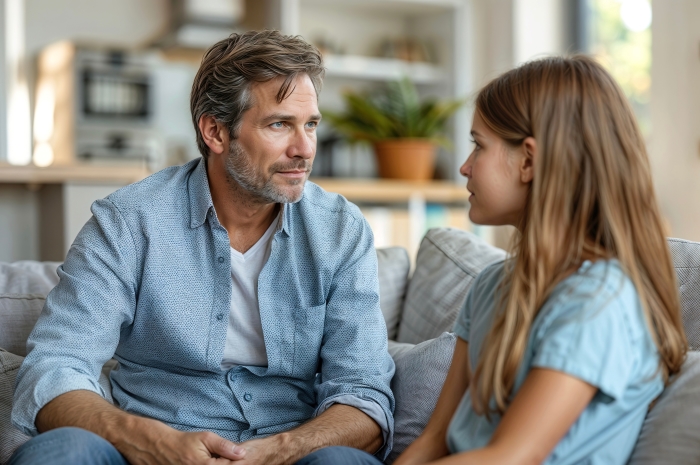 communication strategies for parents-A stepdad and his daughter are sitting and talking on a sofa.