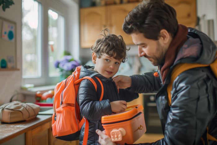 Stepdad morning routine tips-A stepdad helps his son get ready for kindergarten by adjusting his backpack and lunchbox