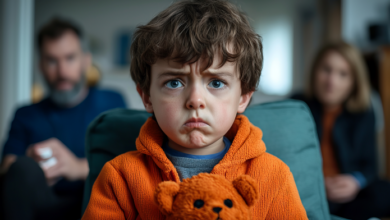 supporting stepchildren through emotional challenges-Concerned young boy with brown hair holding a teddy bear in a cozy home setting, parents appear worried in the background