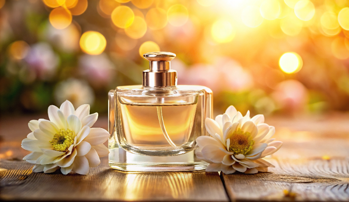 National Fragrance Day - a bottle of perfume with flowers on each side