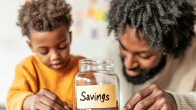 Teaching children about money-Family Financial Literacy Glass Jar of Savings with Stepfather and stepson