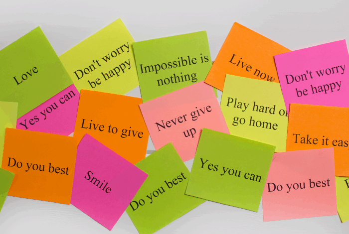 words of affirmation love language-Motivational words on colorful stickers on white background.