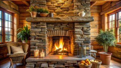 Natural Ledgestone blocks form a rustic fireplace,