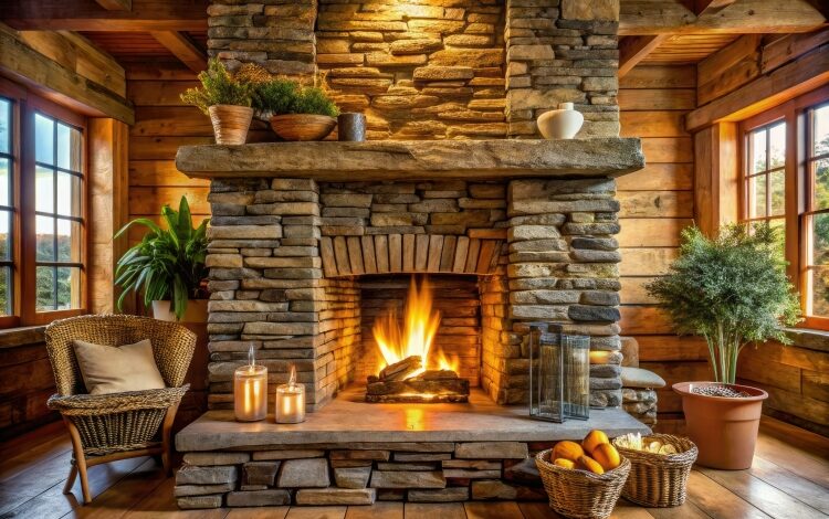 Natural Ledgestone blocks form a rustic fireplace,