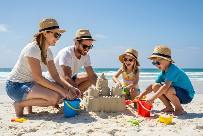 Love language of quality time -A joyful stepfamily spending quality time together at the beach, building a sandcastle in the sunshine.
