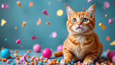 International Cat Day - a photo of a cat with colorful balloons
