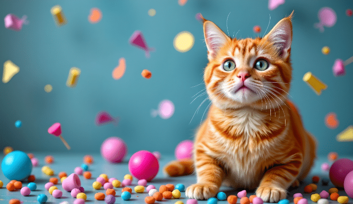 International Cat Day - a photo of a cat with colorful balloons