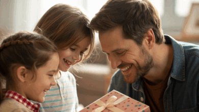 National Daughter's Day - A dad opening a gift with his daughters