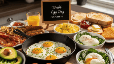 World Egg Day - Breakfast table with eggs and other delicacies