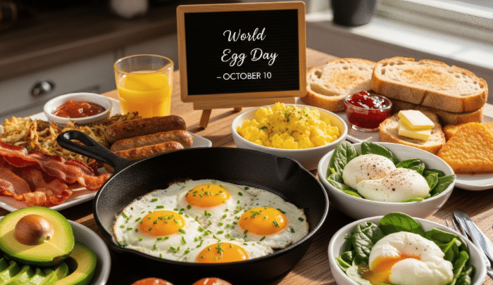 World Egg Day - Breakfast table with eggs and other delicacies