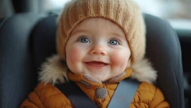 cold-weather baby safety-Cute little baby in car seat, closeup