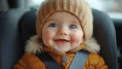 cold-weather baby safety-Cute little baby in car seat, closeup