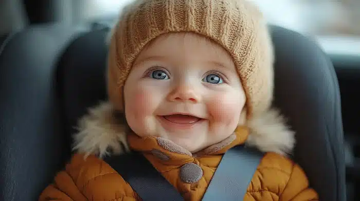 cold-weather baby safety-Cute little baby in car seat, closeup