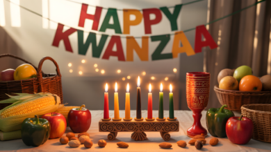 celebrating Kwanzaa - Happy Kwanzaa decor with seven candles