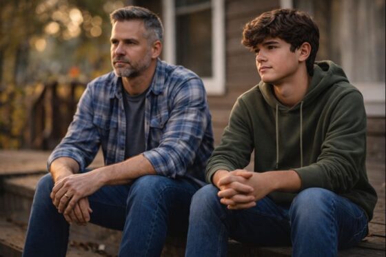 Stepdad and teen stepson sitting side-by-side and looking forward