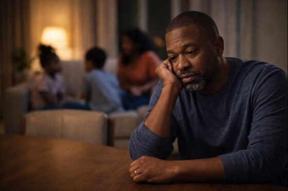Stepdad sitting by himself with family in background